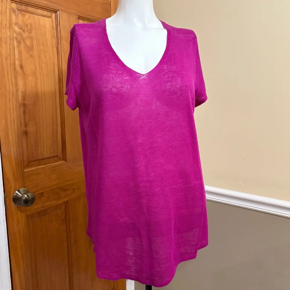 Eileen Fisher Fuchsia Organic Linen Short Sleeve Top - Picture 2 of 5